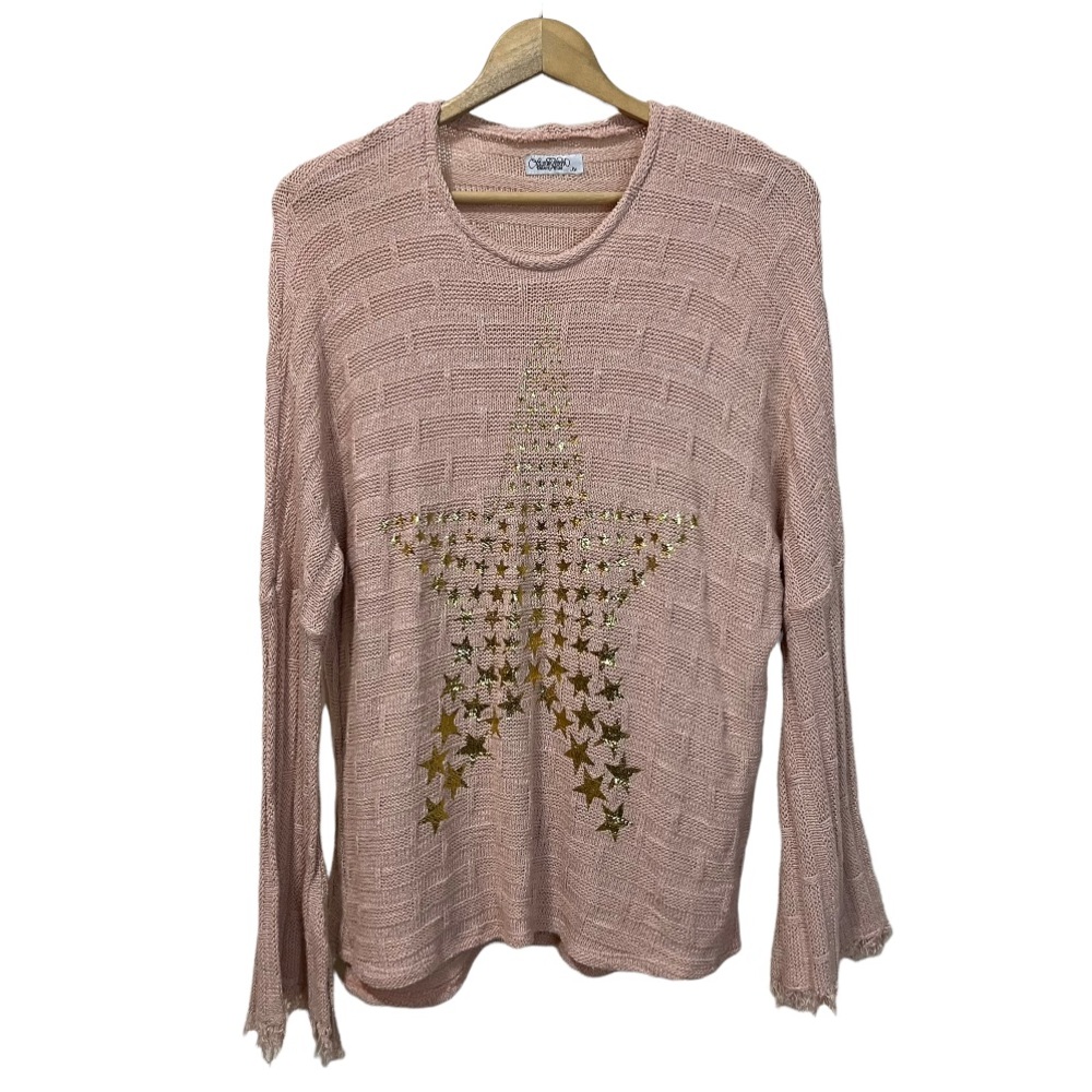 Lauren Moshi Pink Knit Pullover Slouchy Sweater Gold Star Print Frilly Sleeve S